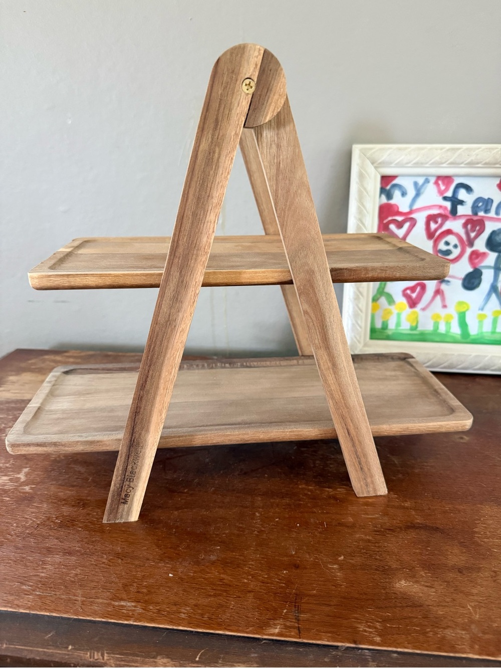 Wooden Two-Tier Display Stand - Natural Brown